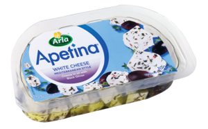 Arla® Apetina® white cheese cubes in brine with black olives